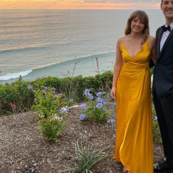 Two Arrows Revolve Yellow Satin Wrap Dress - Picture 2 of 4